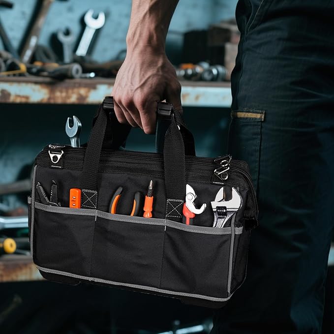 Heavy-Duty Tool Bag with 16 Pockets, 16-Inch Waterproof Tool Organizer with Reinforced Base, Adjustable Shoulder Strap, Ideal for Electricians, Carpenters, DIY Projects, Father's Day Birthday Gift