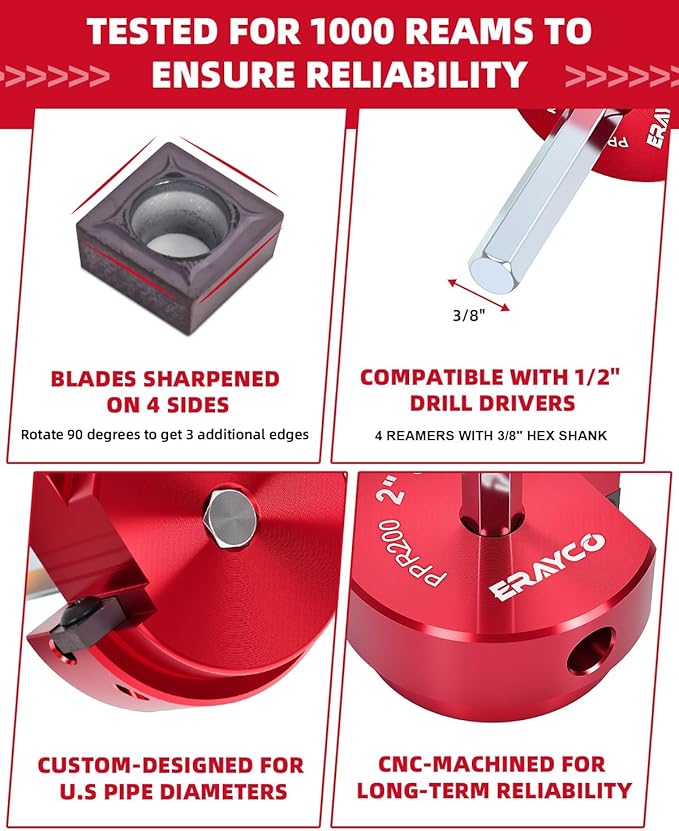 4PCS PVC Pipe Reamer Kit, Plastic Pipe Fitting Reamer Tool, Fit into Standard 1/2" Drills, PVC Fitting Saver for SCH40 PVC CPVC ABS Pipe (1-1/2'', 2'', 3'', 4'')