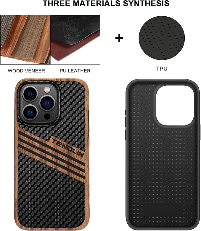 TENDLIN Compatible with iPhone 15 Pro Case Wood Grain with Carbon Fiber Texture Design Leather Hybrid Slim Case (Three Stripe)
