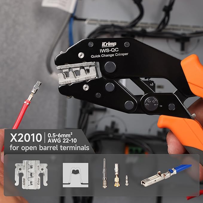 iCrimp Rachet Crimping Tool for Open Barrel Terminals, AWG 22-10 Wire Crimper, Electrical Crimp Tool, X2010 Jaws