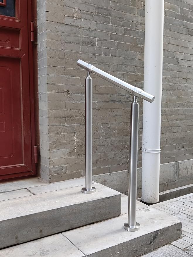 Outdoor 2 Step Handrail, DIY 304 Stainless Steel Transitional Hand Rails with Installation Kit,Silver Porch Stair Railing for Concrete Brick or Wooden Steps, 26x36 in