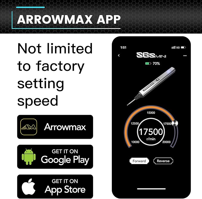 AM ARROWMAX Mini Electric Engraving Pen, 36 Bits With Aluminum Case, Bluetooth, APP, Cordless Mini Rotary Tool, Engraving Pen for Metal, Wood, Glass and Plastic, (SGS MINI) Black