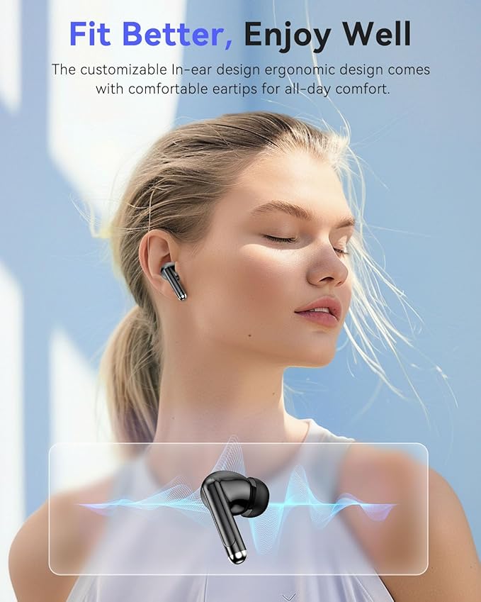 Bluetooth Headphones True Wireless Earbuds 50H Playback LED Power Display Earphones with Wireless Charging Case IPX7 Waterproof in-Ear Ear buds with Mic for Smart Phone Computer Sports, Black