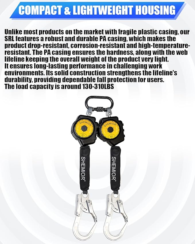 6FT Twin-Leg Self Retracting Lifeline, Swivel Top Lightweight Housing, Web SRL ANSI Self Retractable Safety Lanyard, Fall Arrest Protection Gear for Roofing Construction, Rebar Hook