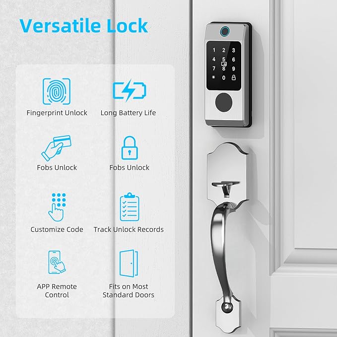 WiFi Front Door Lock Set - Miuedo Keyless Entry with Handle Keypad, Smart Deadbolt, Fingerprint, Auto Lock, Code, Fob, Remote Control - Silver