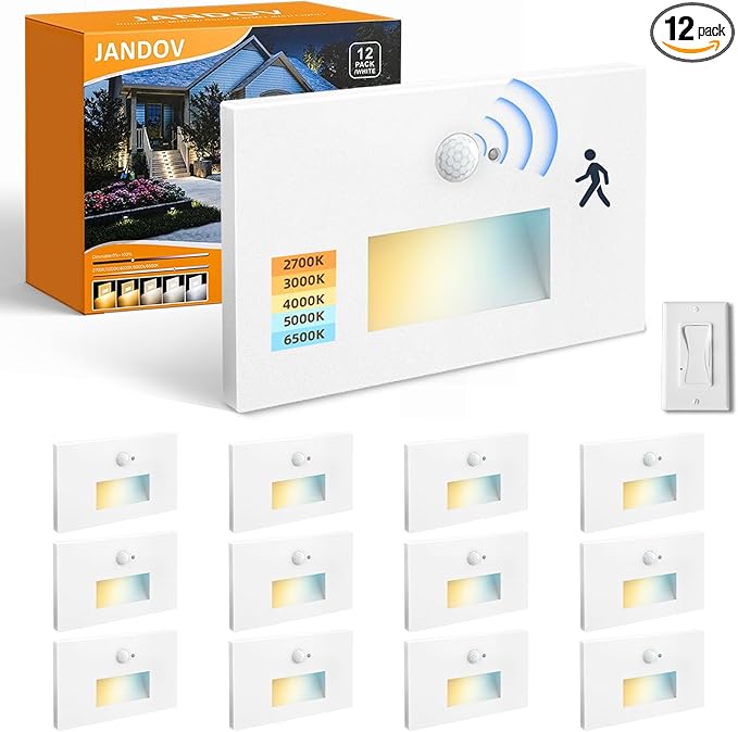Motion Sensor Stair Lights Indoor Outdoor, 5CCT Dimmable LED Step Lamp with Switch, 4W 300LM, 2700K-6500K, IP66 Waterproof Hardwired 120V Stairway Staircase Walkway Lighting- White, 12 Pack, ETL