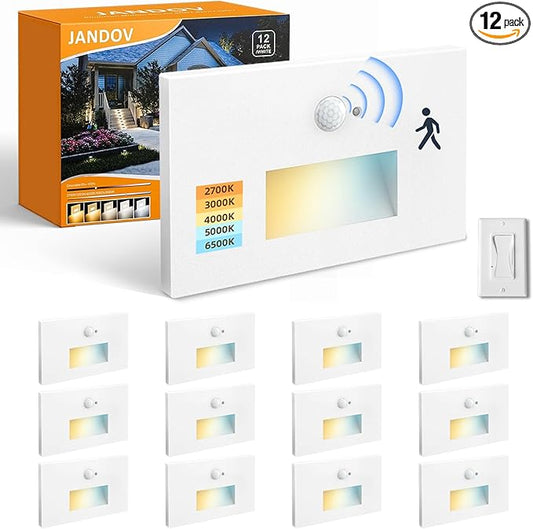 Motion Sensor Stair Lights Indoor Outdoor, 5CCT Dimmable LED Step Lamp with Switch, 4W 300LM, 2700K-6500K, IP66 Waterproof Hardwired 120V Stairway Staircase Walkway Lighting- White, 12 Pack, ETL