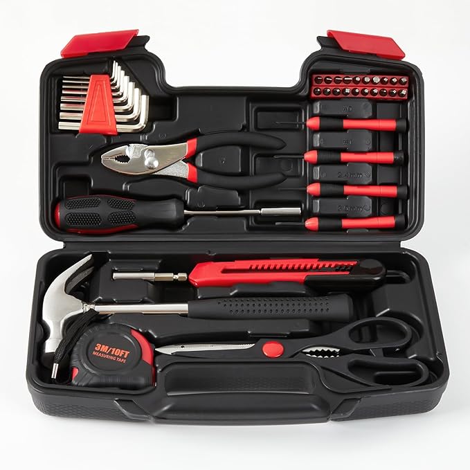 39 Piece Tool Set General Household Hand Kit With Storage Case Basics Tools for Home, Garage, Office and College Dormitory Use (Red)