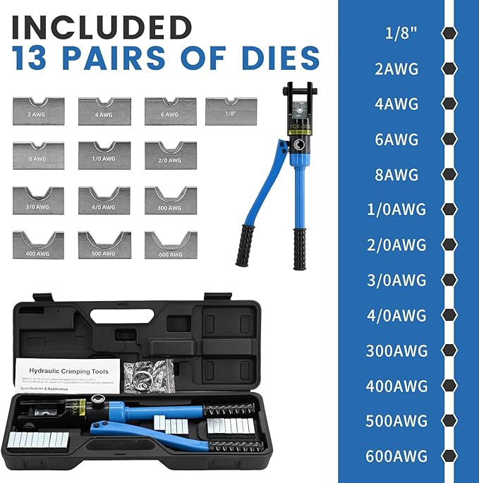 16T Hydraulic Battery Cable Crimper 8 AWG to 600 MCM Hydraulic Crimping Tool Cable Lug Crimper Electrical Terminal Wire Crimper with 13 Pairs of Dies Kit, Blue