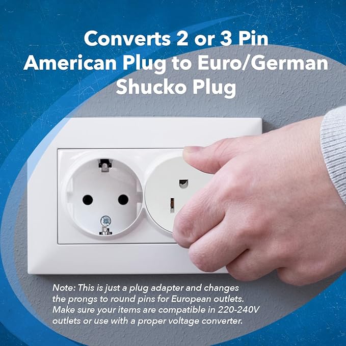 OREI American USA To European plug adapter – Type E/F schuko plug adapter - Use in Germany, France, & more - CE Certified – For Mobile, Laptop & Camera Chargers - 2 Pack