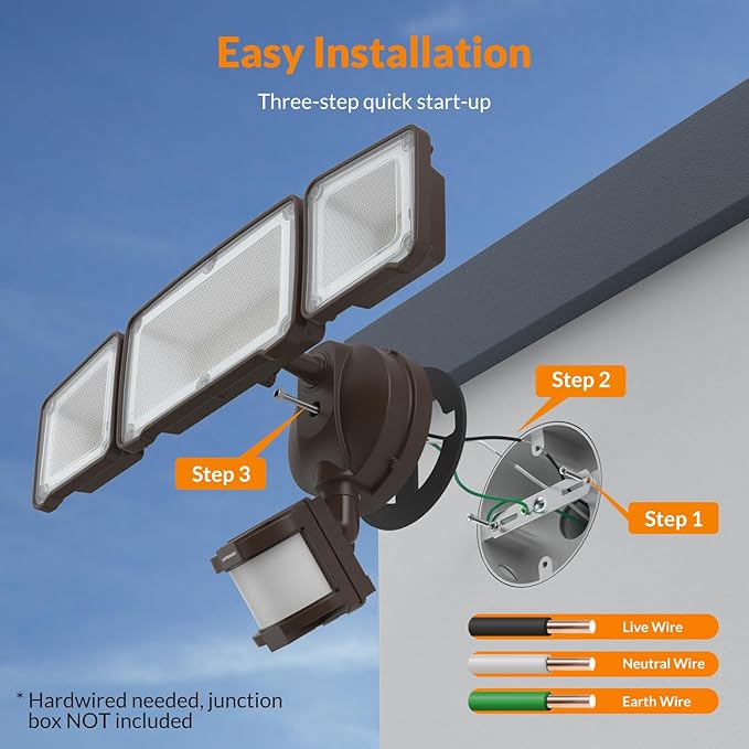 LEPOWER LED Security Light Motion Sensor Light Outdoor, 38W 4200LM Motion Security Light, 5500K, IP65 Waterproof, 3 Head Motion Detected Flood Light for Garage, Yard, Porch (Brown)