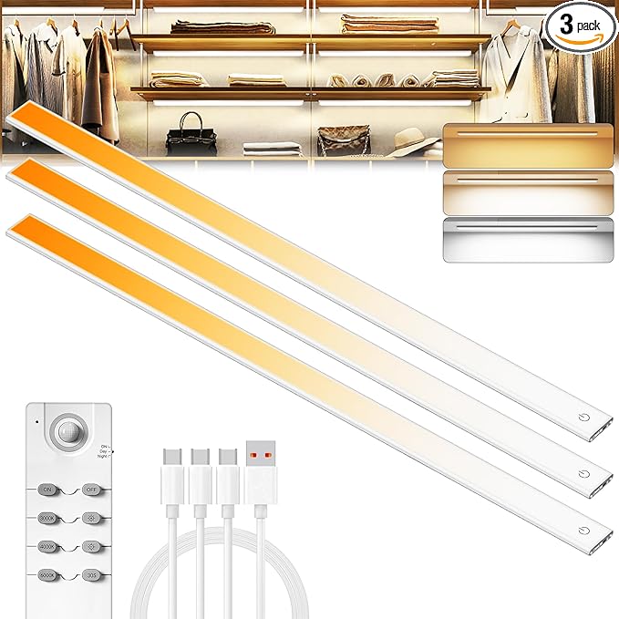 204 LED Under Cabinet Lights Wireless with Full Lighting,Rechargeable Closet Lights with Remote and Motion Sensor Indoor,Under Counter Light with CCT and Dimmable for Kitchen,Stair(3 Pack,23.6inch)