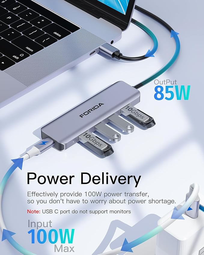 USB C Hub 10Gbps USB C Multiport Adapter for MacBook ipad Phone with 100W PD Charging, USB c Splitter 1 in 4 Out 10Gbps Data Ports Compatible with Surface, XPS, Samsung, Dell and More(Space Gray)