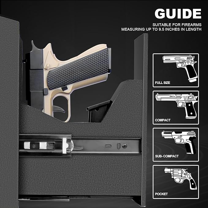 Biometric Slider Handgun Gun Safe with LCD Screen of Temp Humidity Time for Nightstand, Desk, Bed Side, Wall, Truck