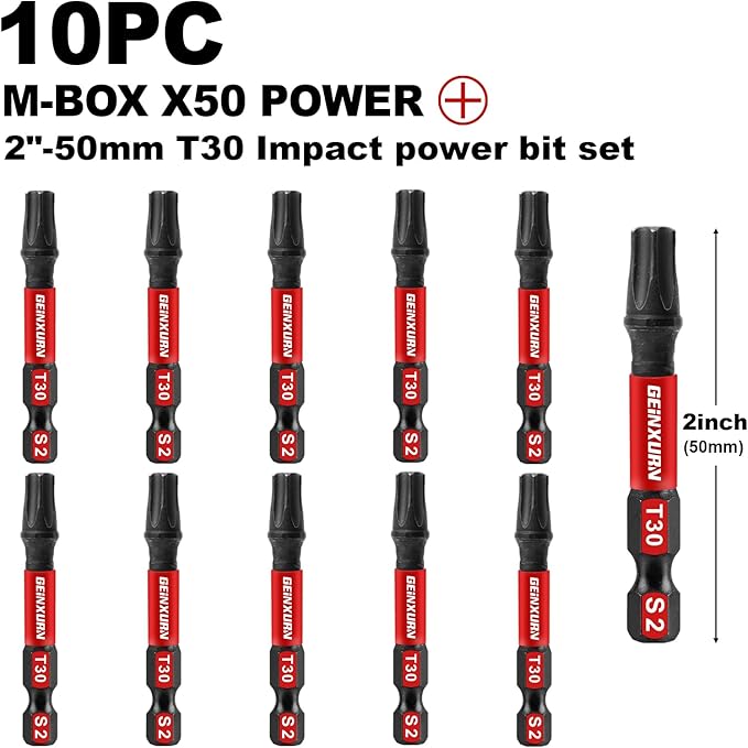 10Pieces 2 In. T30 Impact Tough Magnetic Screwdriver Bit Set, #30 Torx Head Power Bits, S2 Alloy Steel Star Bits with Storage M-Box