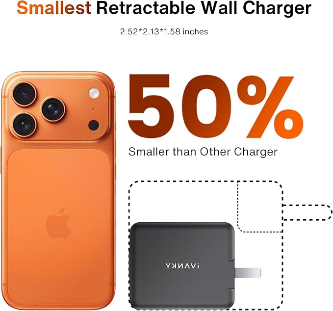iVANKY Smallest 4-in-1 Retractable GaN Wall Charger with Dual Cables (USB C+Lighting), 45W Fast Charging Block for iPhone 16/15/14/13/12 Pro Max Air, Samsung, 4-Port Adapter for Home Office Travel