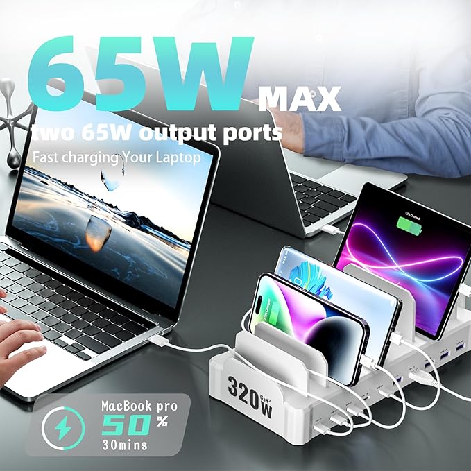 320W Charging Station for Multiple Devices, Zobirez 10-Port USB C Fast Charger Stations for MacBook, iPhone, Android Cell Phone, iPad, Tablet, Family Multi-Device Organizer Charging Dock, White
