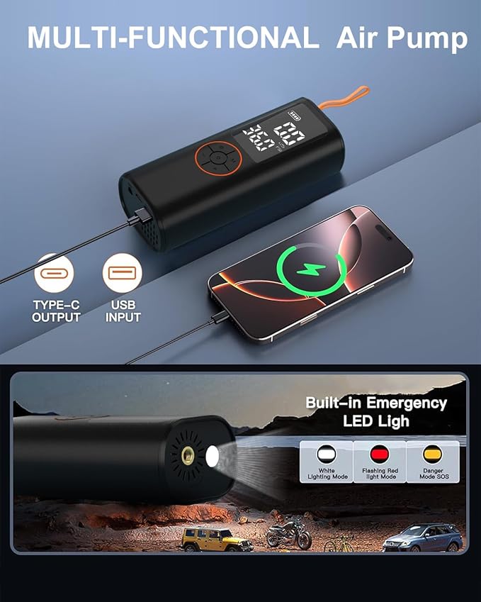 Tire Inflator Portable Air Compressor - 4X Faster Inflation Cordless Mini Air Pump with Digital Pressure Gauge with Digital Pressure Gauge/LED Light Portable Tire Inflator for Car/Moto/Bike/Ball etc.
