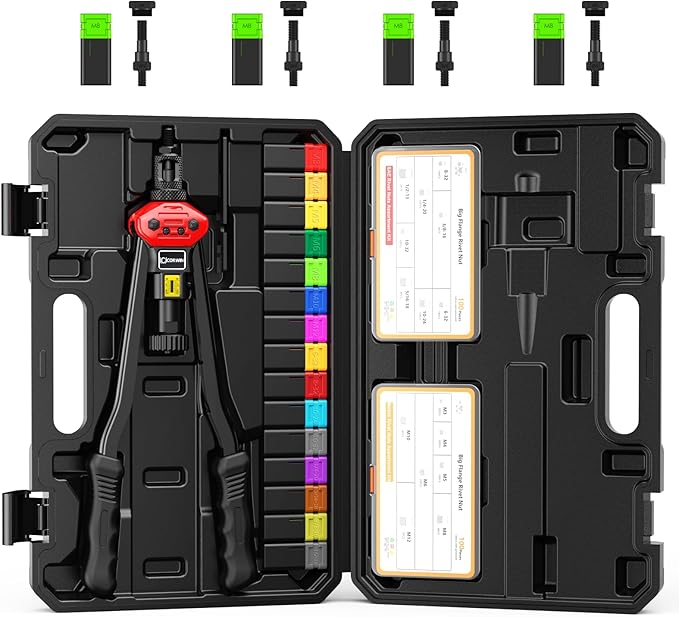 16" Rivet Nut Gun with Stroke Adjustment - 15 Metric and SAE Mandrels (M3-M12 & to 1/2") + 4 Pieces M8 Mandrels - 200 Threaded Nuts (100 Each) in Storage Boxes - Portable Blow Molded Case