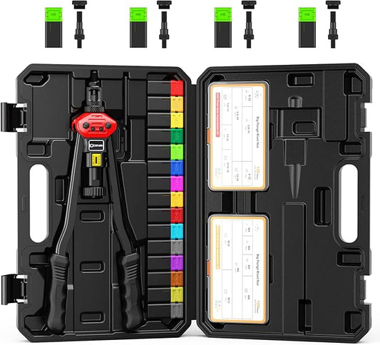 16" Rivet Nut Gun with Stroke Adjustment - 15 Metric and SAE Mandrels (M3-M12 & to 1/2") + 4 Pieces M8 Mandrels - 200 Threaded Nuts (100 Each) in Storage Boxes - Portable Blow Molded Case