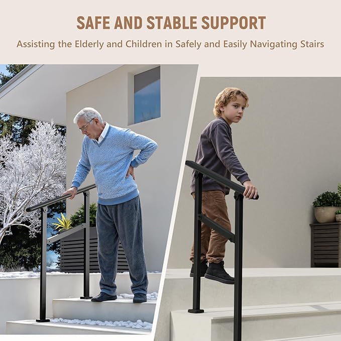 Hand Rails for Outdoor Steps,1-2 Step Railing for Stairs,Adjustable Porch Railing,Hand Rails for Seniors,Outdoor Deck Handrails for Exterior Steps,Black