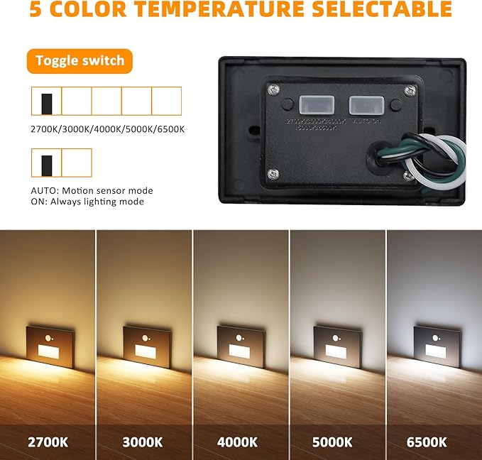 Stair Lights Motion Sensor Indoor Outdoor, 5CCT Dimmable LED Step Lamp with Switch, 4W 300LM, 2700K-6500K, IP66 Waterproof Hardwired 120V Stairway Staircase Walkway Lighting- Black, 3 Pack, ETL