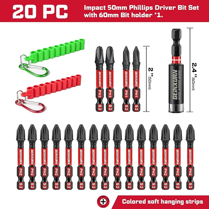 Impact Phillips Screwdriver Bits Set,20 Pieces 2”Magnetic(PH1/PH2/PH3) S2 Steel Multi Cross Driver Bits and 1 Pc Bit Holder with Soft Hanging Strips