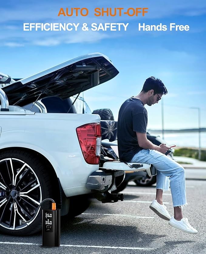 Tire Inflator Portable Air Compressor, 150 PSI & 3X Faster Cordless Air Pump for Car Tires, with Tire Pressure Gauge, LCD Dual Screen, Automatic Stop and LED Light, Bike Pump, for Motorcycle, Ball