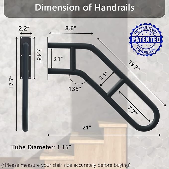 2 Pack Hand Railings for Stairs Outdoor, 27" Stair Handrails with Black Matte Finish and 2 Anti-Skid Bar, Wall Mounted Safety Grab Bars for Garage, Porch, Garden, Indoor, 1-3 Steps