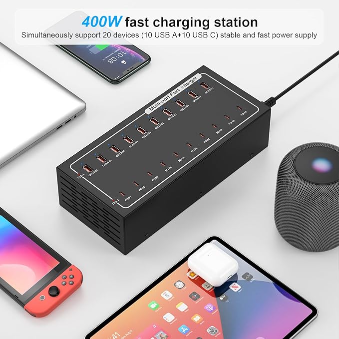 Lcoco&Dream 400W Super Charging Station, 20 Port Fast Charging（10USB C+10USB A） Desktop Charging Station,simultaneously Charges Mobile Phones, Tablets, Headphones and Other Devices at high speeds