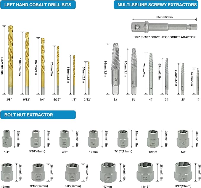 Screw Extractor Set, 26 Pieces Bolt Extractor Kit & Left Hand Drill Bit Kit, Easy Out Bolt Extractor Set with Hex Adapter for Broken, Damaged, Rusted, Rounded-Off Bolts, Nuts & Screws