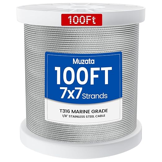 Muzata 100 ft 1/8" Stainless Steel Cable Railing System Hardware T316 Stainless Steel Wire Rope 7x7 Strands 1800 lb Breaking Strength Deck Cable Railing Kit for Indoor Outdoor Coastal WR02