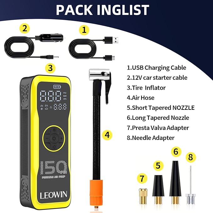 Tire Inflator Portable Air Compressor, Air Pump for Car Tires with Digital Tire Pressure Gauge/LED Light, Tire Pump with Rechargeable Battery &12V Car Power Adapter, for Cars, Motorcycles, Bikes, Ball