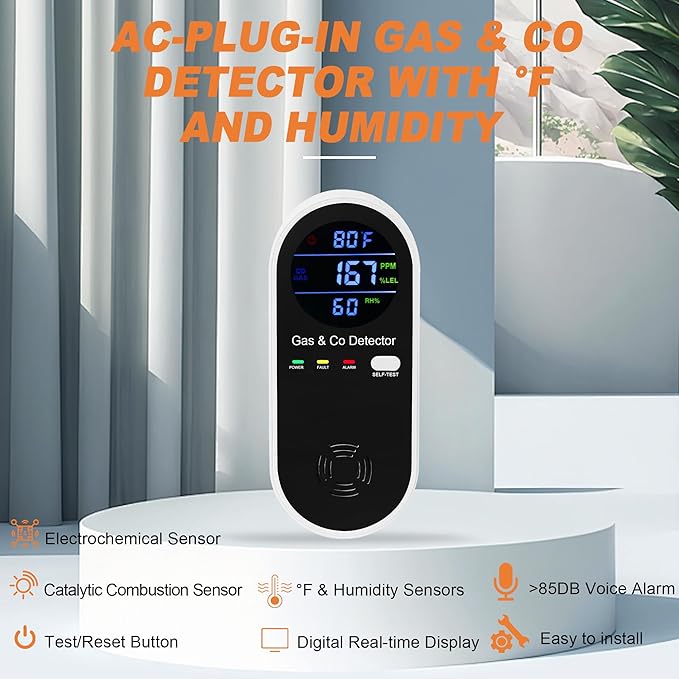 3 Packs Plug in Gas & Carbon Monoxide Detector, 4-in-1 Carbon Monoxide Alarm,Fahrenheit(°F) & Humidity,Natural Gas Detector,Methane,Propane & CO Detector for Home,RV,Apartment