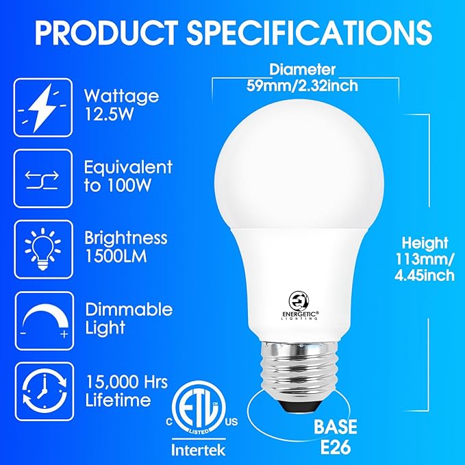 Energetic 6-Pack Dimmable LED Light Bulbs 100 Watt Equivalent, 1500 Lumens 12.5W, Warm White 3000K, E26 LED Bulb, 15000 Hrs, ETL Listed