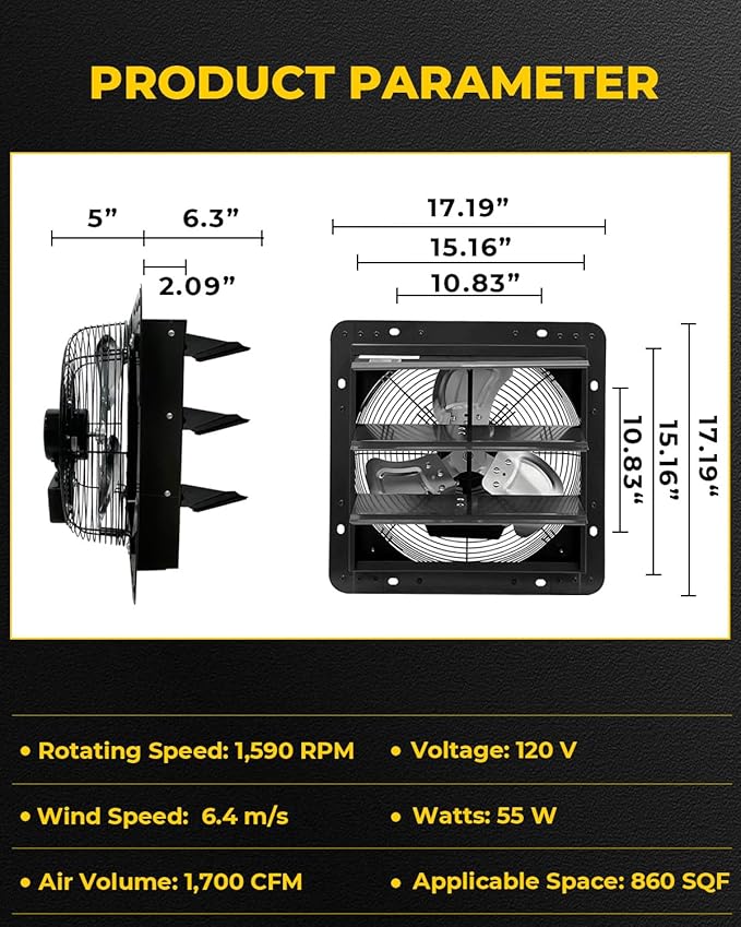 VENTISOL 14 Inch Shutter Exhaust Fan Wall Mounted, Aluminum Blades, with 1.65 Meters Power Cord Kit, Max.1950CFM, Ventilation Fan for Garage,Greenhouse,Attic,Shed,Shop-Black