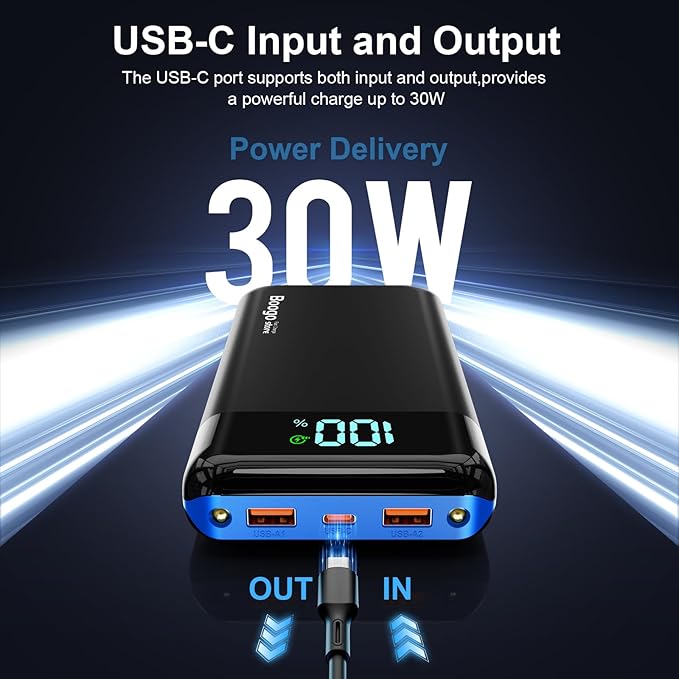 Portable Charger Power Bank 52800mAh Powerbank PD 30W and QC 4.0 Fast Charging Built-in Bright flashlight LED Display 2 USB 1Type-C Output External Battery Pack for iPhone, Samsung, iPad etc (blue)