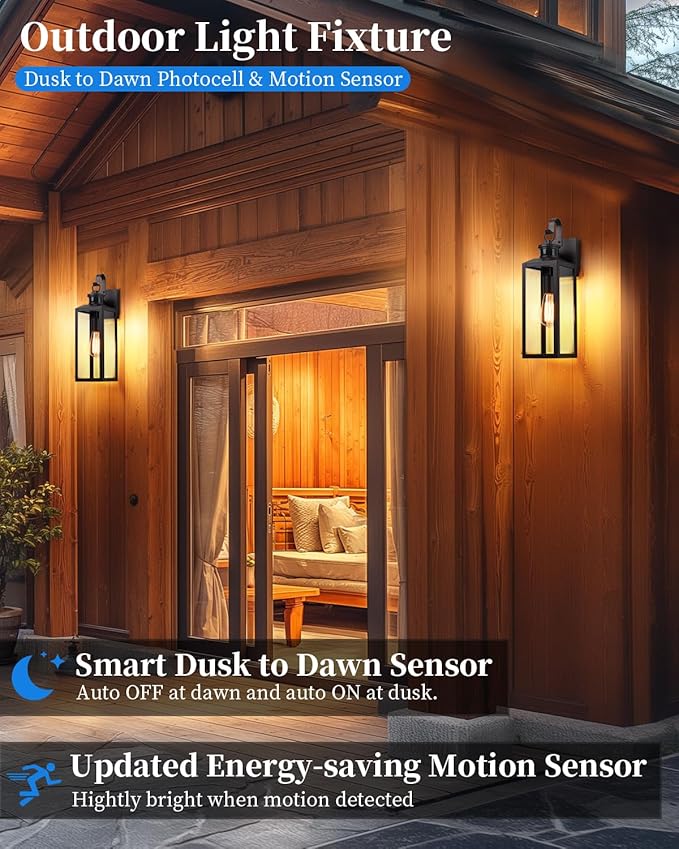 17'' Motion Sensor Outdoor Lights Wall Mount, Dusk to Dawn Exterior Light Fixture, Waterproof Anti-Rust Porch Light Outside Wall Lights for House, Brown Wall Sconce Lanterns with Clear Glass, 2 Pack