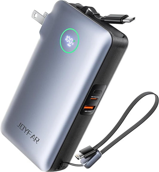 Portable Charger Power Bank - Travel Essentials Battery Pack 35W AC Plug GaN 10000mAh Built in Cable USB C Phone Fast Charging Powerbank Compatible with iPhone 16 15 14 13 iPad MacBook Samsung