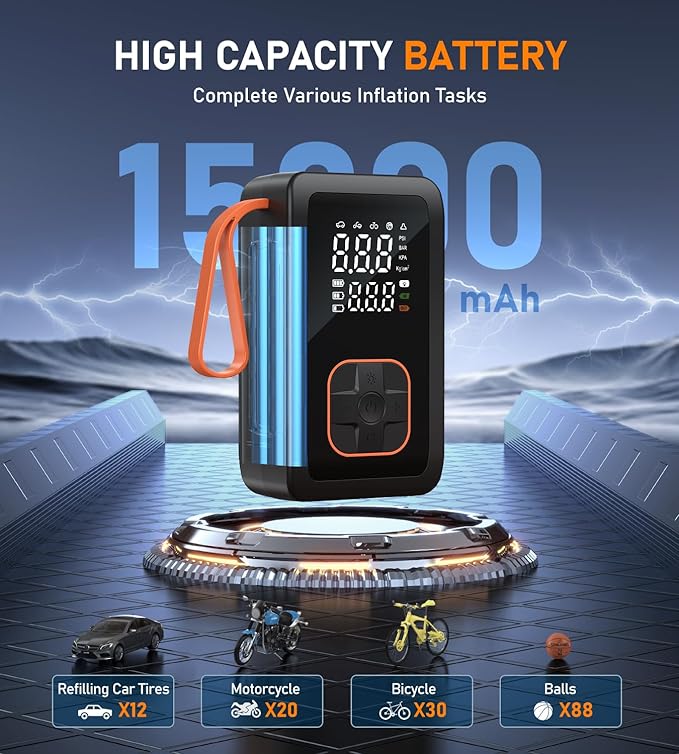 Tire Inflator Portable Air Compressor, 180PSI & 15000mAh Cordless Air Pump for Car Tires with Pressure Gauge, 3X Faster Tire Pump with Cigarette Lighter Plug for Car, Motorcycle, Bicycle, Ball(Black)