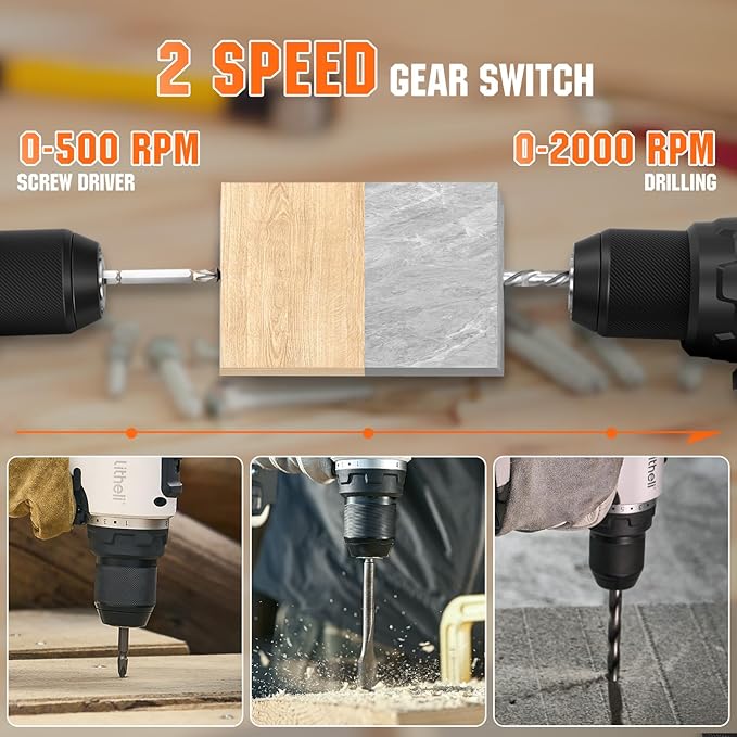 Litheli Cordless Drill Driver, Brushless Electric Power Drill with 2 Variable Speed, 1/2 Inch Keyless Chuck, 17+1 Clutch Settings with Maximum Torque of 530 In-lbs (Battery and Charger not Included)