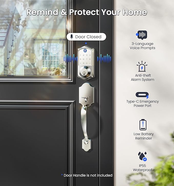 Veise VE017G Wi-Fi Keyless Entry Door Lock with Fingerprint, App Remote Control, Smart Locks for Front Door, Electronic Keypad Deadbolt, Auto Locking, Waterproof, Easy to Install, Satin Nickel