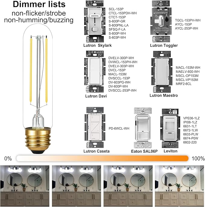 LiteHistory E26 LED Bulb 4W Equal 40 Watt Light Bulbs Daylight 5000K E26 Edison Bulb AC120V 400lm Dimmable 5 Inch T10 led Bulb Tubular for Rustic Pendant,Chandeliers,Wall sconces Pack of 6