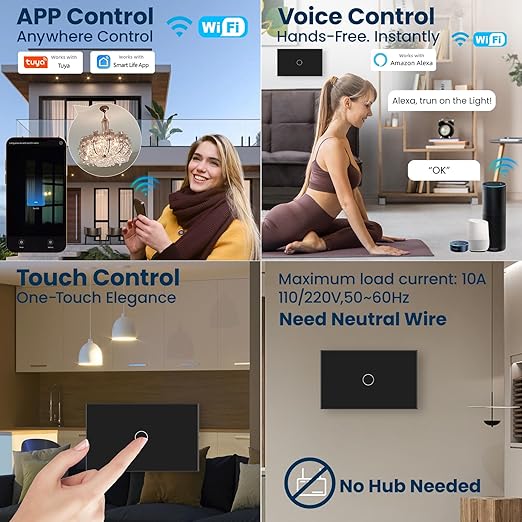 Smart Light Switch 3 Way Need Neutral Wire,FCC Certified,2.4GHz WiFi Switch Glass Panel APP Control Timer Work with Tuya/Smart Life,Alexa and Google Home,Black 1 Gang
