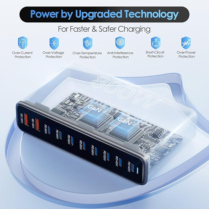 800W USB C Charger Block, 10 Port Charging Station, GaN Ⅲ Charging Station for Multiple Devices, Travel Charger for Multiple Devices, USB C Charging Hub Compatible with MacBook iPhone iPad Dell