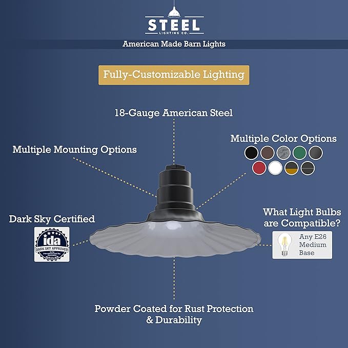 Steel Lighting Co. Eagle Rock Pendant | Ceiling Mounted Light | 16 inch Radial Wave | White Cord | Heavy Duty Steel Retro Farmhouse Style Made in America | Black Exterior/Matte Black Interior