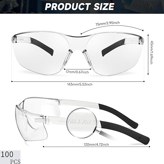 Clear Safety Glasses Bulk of 100 ANSI Z87.1 Protective Eyewear Scratch-Resistant for Work, Lab, Construction
