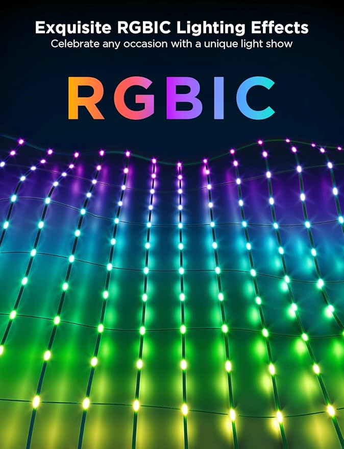 Govee Outdoor Net Lights, 2.8 × 4.7ft with RGBIC and DIY Functions, 240 LEDs Smart Net Lights with 64 Modes for Bush Patio Decor, IP65 Waterproof, Compatible with Alexa & Google Assistant, Green Wire