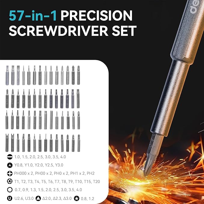 Deli 57-in-1 Precision Screwdriver Sets Magnetic Mini Repair Tool Kit for Home, DIY, Computer, Controller, Glasses, Drone, Watch, Phone, Pad, Switch, PS5, XBOX, Macbook, Electronic. Gift for man.