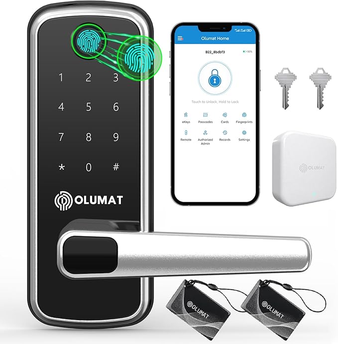 Smart Door Lock with Handle: Olumat Keyless Entry Door Lock with WiFi Gateway - Smart Locks for Front Door with Keypad - Fingerprint Lock
